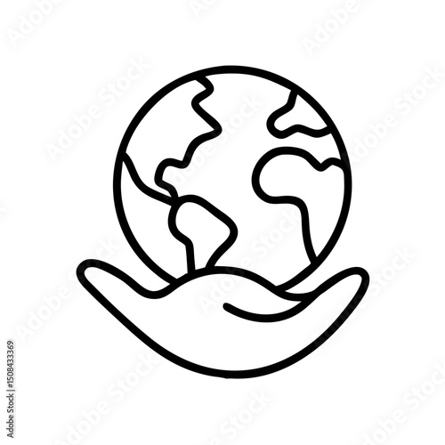 earth in hand icon representing global care and support, black outline, transparent background