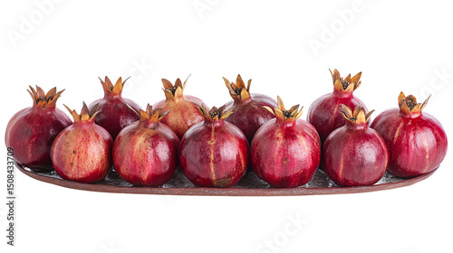 Oval platter holding a row of ten glossy, ripe pomegranates, their red skin showing subtle variations in color and texture