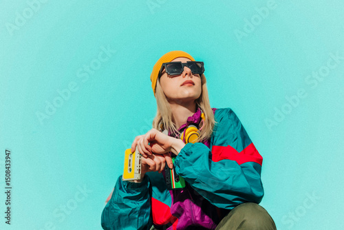 Woman in 80s style tracksuit with music cassette and headphones outdoors