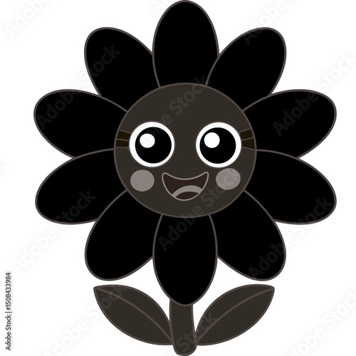 Cute cartoon vector illustration of a happy smiling black flower.
