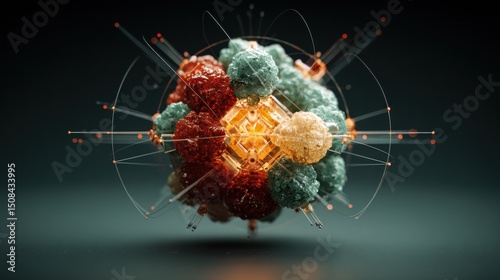 Highly detailed three-dimensional molecular structure with glowing golden cube at center, surrounded by textured crystalline spheres in deep red, light green, and pale yellow colors, connected by thin