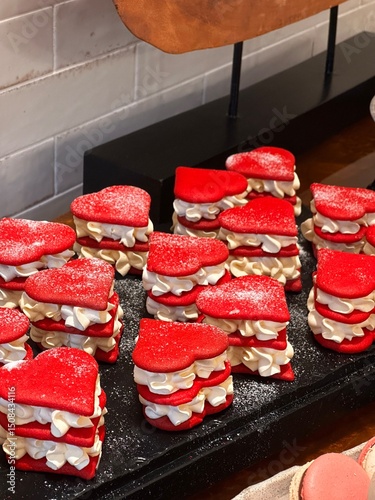 Red heart-shaped cakes with smooth glaze