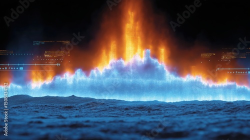 Thermal imaging scan reveals a vibrant cyberpunk city skyline with glowing heat gradients and futuristic interface elements amidst a dark background