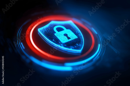 A digital shield with a padlock icon glows, symbolizing cybersecurity and data protection in a high-tech, futuristic style.