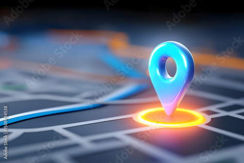 A glowing location pin marks a spot on a digital map, symbolizing GPS navigation and modern mapping technology.