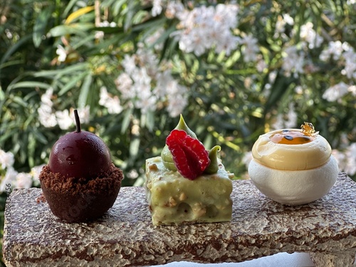 A combination of different cakes in the selection.