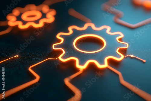 Glowing orange gear icons connected by illuminated lines on a dark digital circuit board background.