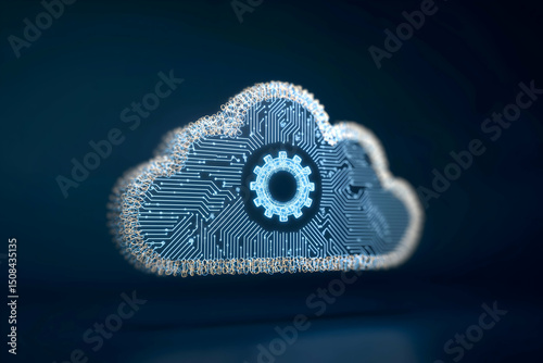 A digital cloud with circuit patterns and a gear symbol, representing cloud computing technology and digital data processing.