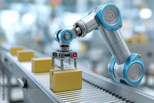 A robotic arm automates the packaging process on a conveyor belt in a modern industrial setting.