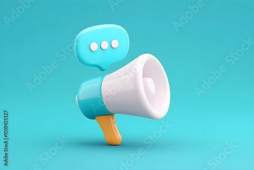 A 3D megaphone and speech bubble icon on a blue background, symbolizing communication or announcement.