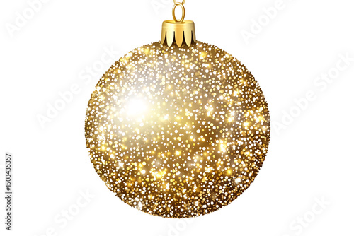 Sparkling golden sphere ornament, hanging by a gold chain, adorned with countless tiny glittering lights isolated on transparent or white background. Generative ai