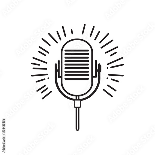 Vintage microphone shines with radiating lines against the white backdrop, showing transparent background