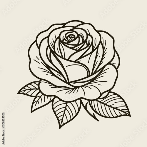 Rose with leaves in bold outline vector style