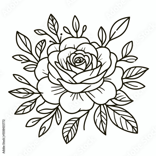 Rose with leaves in bold outline vector style