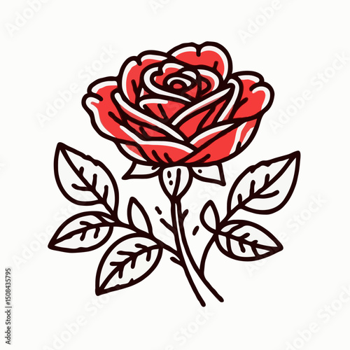 Rose with leaves in bold outline vector style