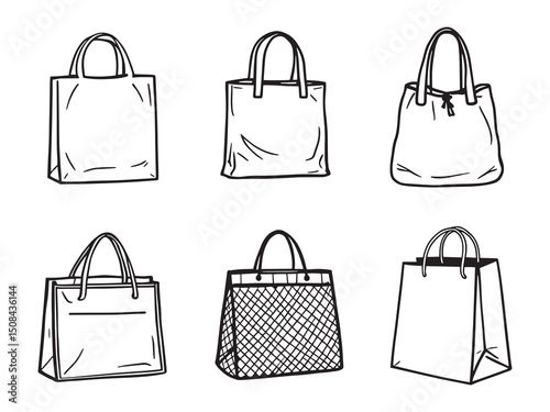 Reusable shopping bags vector line art illustration