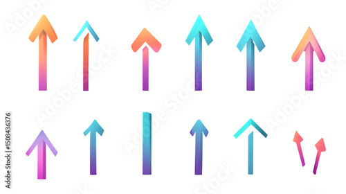 Twelve vibrant, pixel-art arrows pointing upwards, showcasing a gradient of colors isolated on transparent or white background. Generative ai