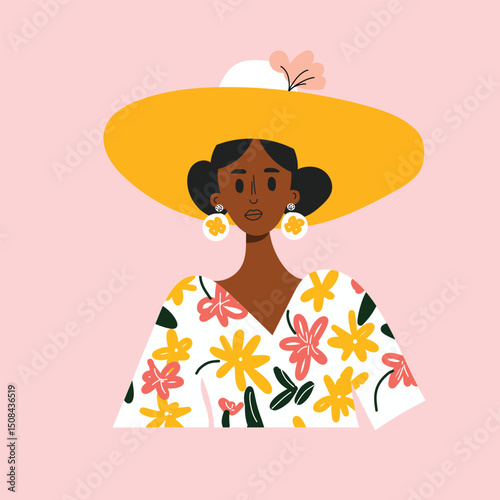 Stylized illustration of a fashionable woman wearing a yellow sunhat and floral dress, posing against a soft pink background. 