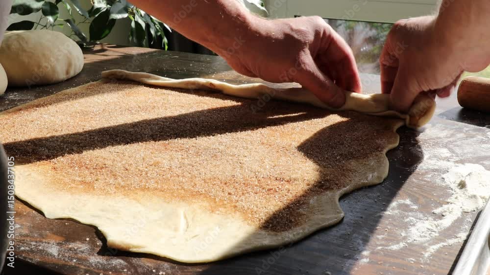 hands roll up flattened dough layered with cinnamon sugar into a log for cinnamon rolls in bright kitchen setting hands roll up flattened dough layered with cinnamon sugar into a log for cinnamon rolls in bright kitchen setting