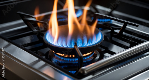 5-Close-Up of Gas Stove Burner with Blue Flames on Metallic Stovetop – High-Resolution Photo