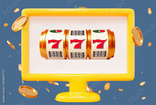 3D slot machine 777 on  PC monitor. Online casino. Big win concept banner casino. Gambling concept design. 3d vector illustration on gold isolated background.