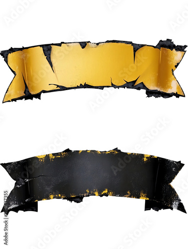 Two tattered banners, one gold, one dark, isolated on a black background.  They appear antique or distressed isolated on transparent or white background. Generative ai