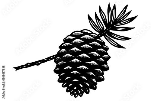 Photorealistic Black and White Illustration of Pine Cone – Detailed Texture and Intricate Patterns