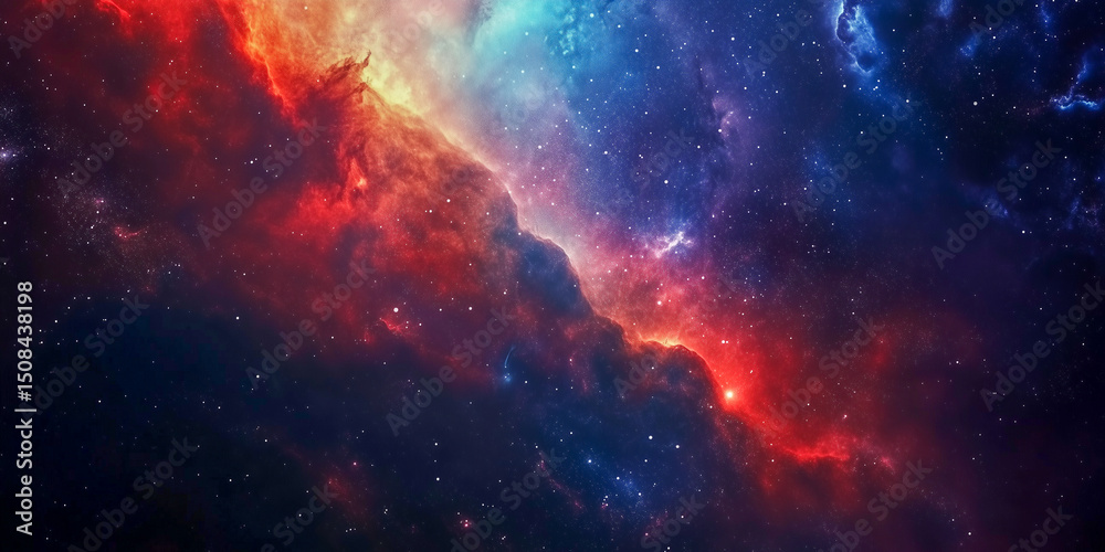 Fototapeta premium Stunning Cosmic Nebula with Vivid Red and Blue Hues, Revealing the Majestic Beauty and Vastness of Deep Space and Interstellar Phenomena.