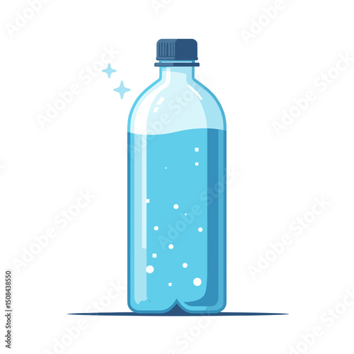 Illustration of a Clear Plastic Water Bottle with Blue Cap and Sparkling Water, Minimalist Design