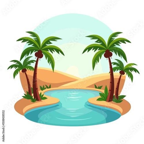 Oasis in the Desert Cartoon Illustration with Palm Trees and Clear Water, a Peaceful Tropical Landscape