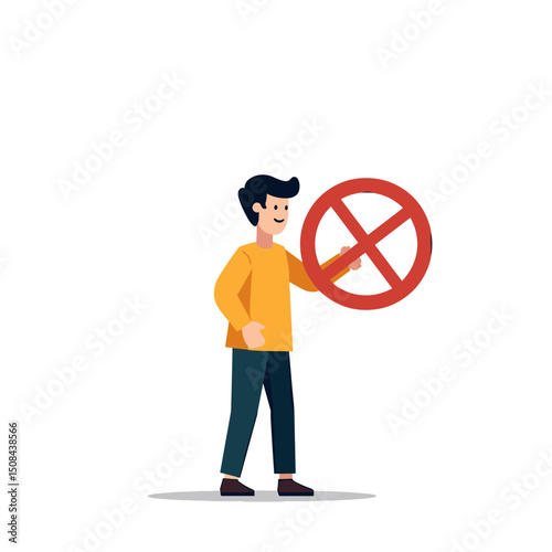Illustration of a Man Holding a Red No Sign, Symbolizing Prohibition and Restriction with a Clean White Background