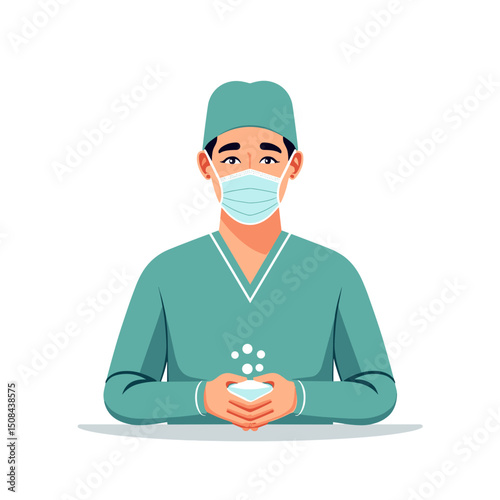 Medical Professional in Scrubs and Mask Holding Glowing Object Illustration, Depicting Healthcare and Innovation