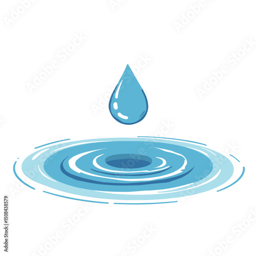 Simple Illustration of a Water Drop Falling into a Puddle Creating Ripples on a White Background