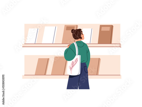 Girl with canvas bag looks at row of paper books on shelf in bookstore back view. Woman, student chooses textbook for reading on bookshelf in store, library. Flat isolated vector illustration on white