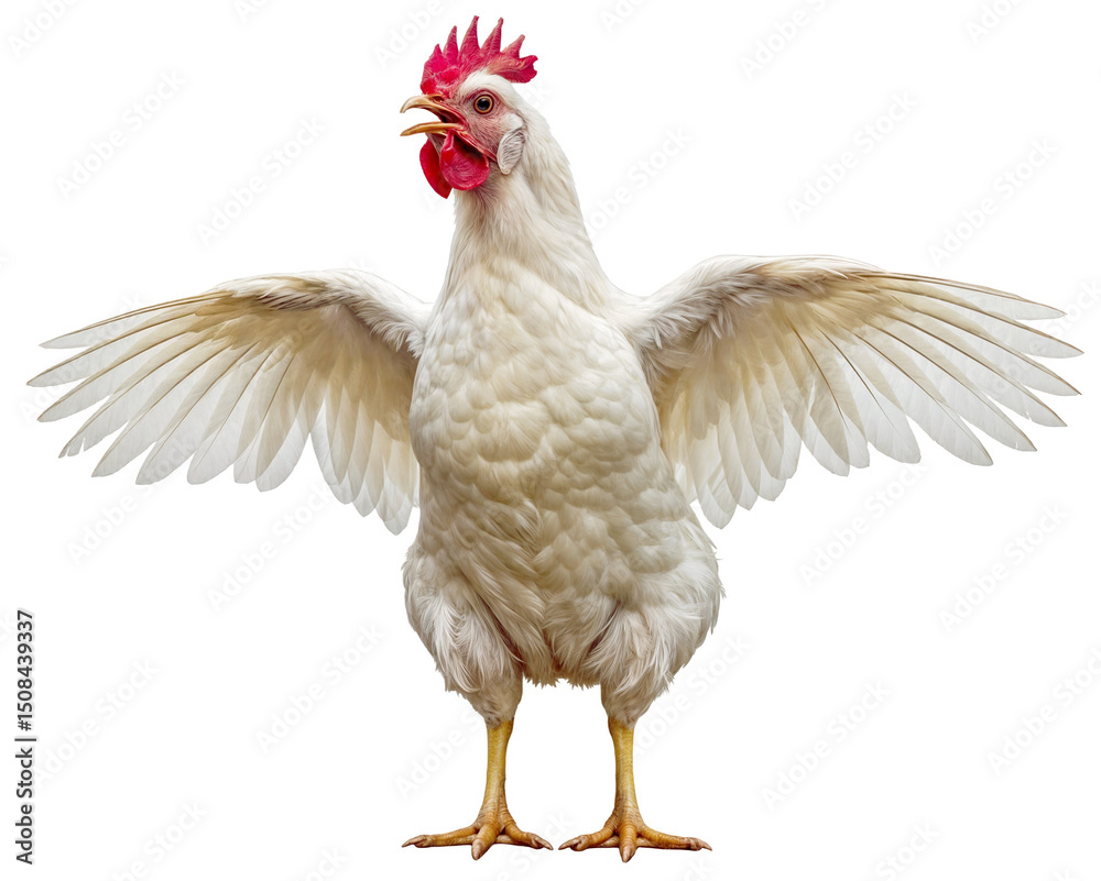 Fototapeta premium A white chicken with its wings spread wide open
