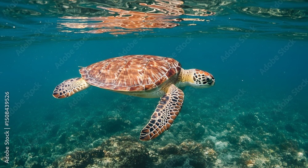 Fototapeta premium Majestic Sea Turtle Gracefully Gliding Through Vibrant Coral Reef