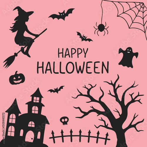Set of Halloween silhouettes black icon and character. Vector illustration. Isolated on white background.