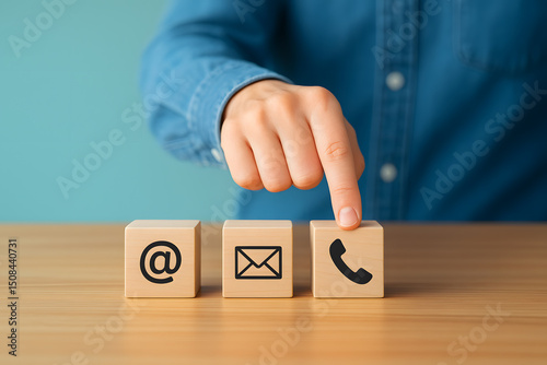 Contact Us Concept Represented by Communication Icons on Wooden Blocks Including Phone Email and Location