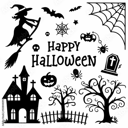 Set of Halloween silhouettes black icon and character. Vector illustration. Isolated on white background.