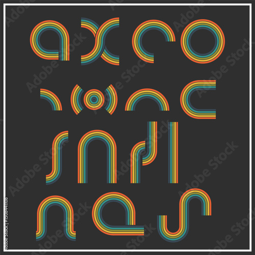 Abstract Retro Colorful Geometric Curves and Minimal Shapes on Dark Background