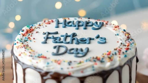 A delicious Father s Day cake decorated with sprinkles and chocolate drizzle warm bokeh background