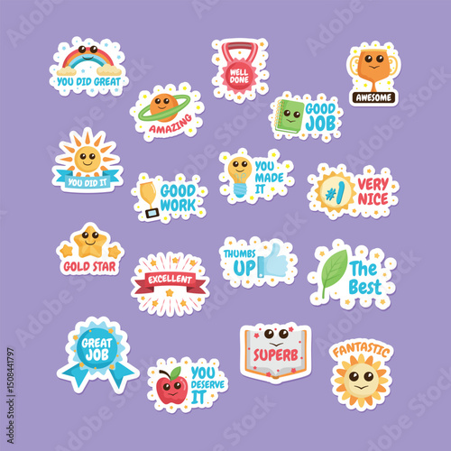 Colorful Motivational Stickers for Positive Encouragement and Rewarding Achievements Illustration Collection