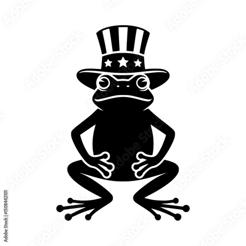Patriotic Frog in Uncle Sam Costume Illustration, Black and white vector of a frog wearing a tuxedo and Uncle Sam hat, ideal for humorous patriotic or novelty designs.

