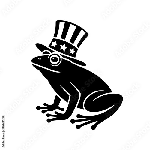 Patriotic Frog in Uncle Sam Costume Illustration, Black and white vector of a frog wearing a tuxedo and Uncle Sam hat, ideal for humorous patriotic or novelty designs.

