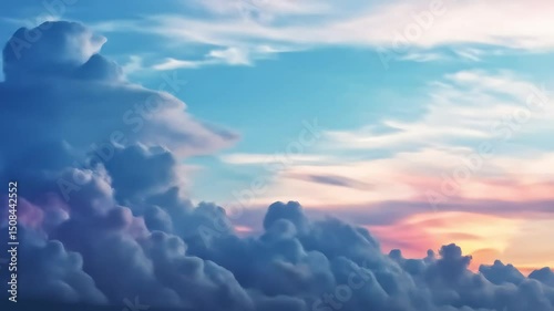 A dreamy sunset sky of billowing pink and purple clouds evokes a sense of peace with soft painterly
