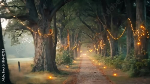 Enchanted forest path aglow with fairy lights beckons a mystical journey in hazy morning light with