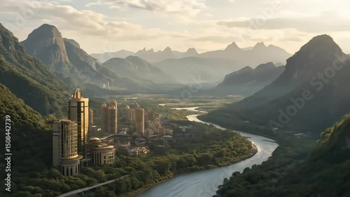 Cityscape nestled amid majestic mountains and winding river bathed in sunlight with a natural soft