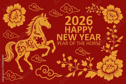 2026 Chinese New Year Greeting Card , Year of the Horse Design with Golden Horse, Peony Flowers, and Clouds on Red Background