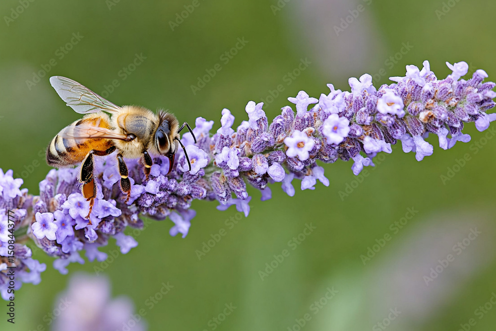 Fototapeta premium Close-up view of a bee diligently pollinating a vibrant flower in a sunny garden setting during spring