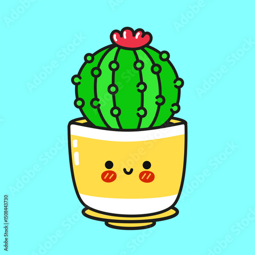 Adorable illustration of a happy Cactus plant sitting in a yellow pot, perfect for nature lovers and kawaii enthusiasts